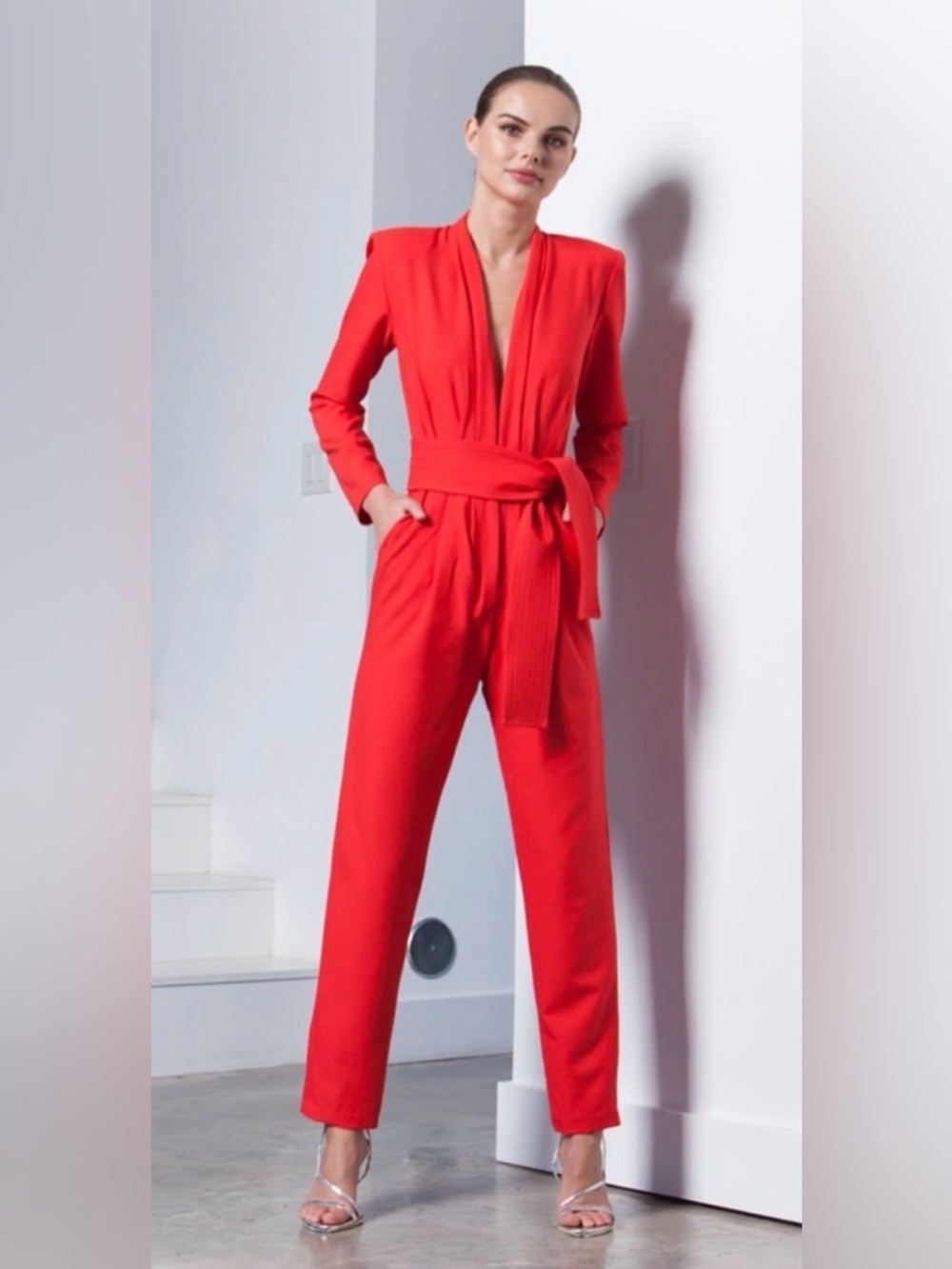 NWOT Karina Grimaldi Benjamin Jumpsuit Long Sleeve Red Coral V Neck Size Small